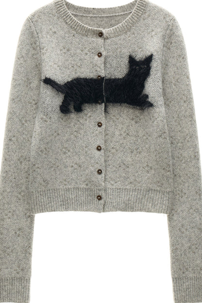Cat Jacquard Button Knit Cardigan