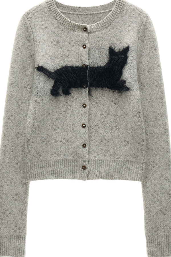 Cat Jacquard Button Knit Cardigan