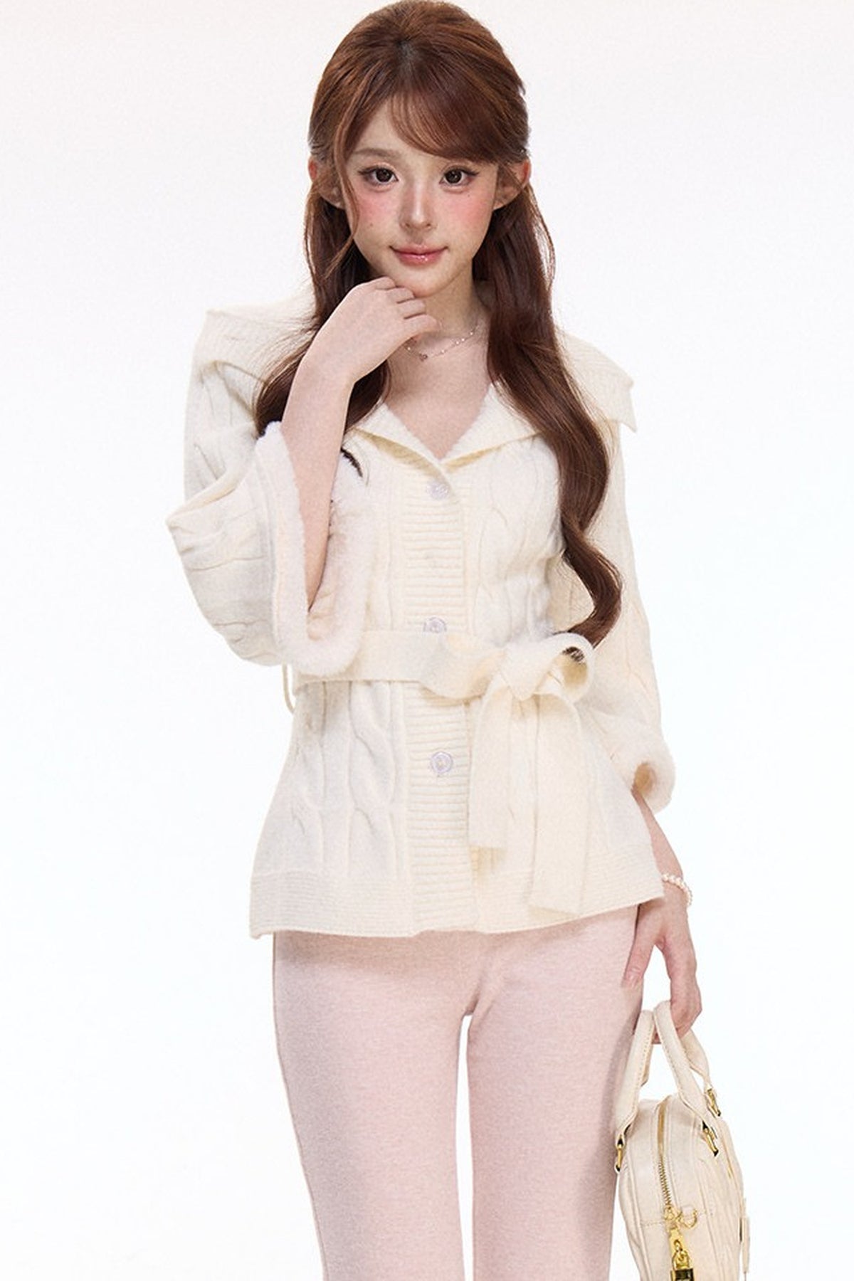Faux Rabbit Fur Collar Sweater and Knit Flared Pants Set