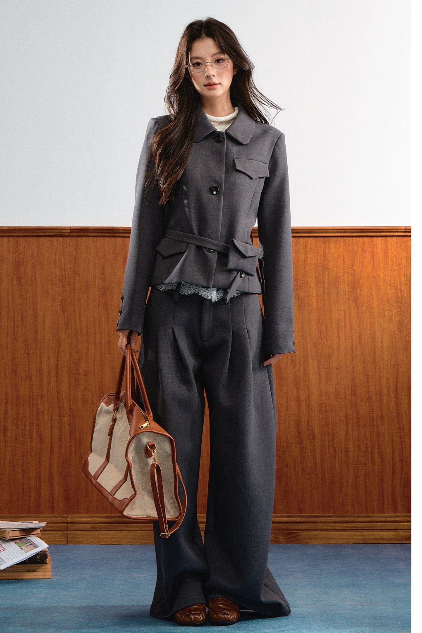 Relaxed Retro Lapel Top and Lace Waistband Pants Set-Up