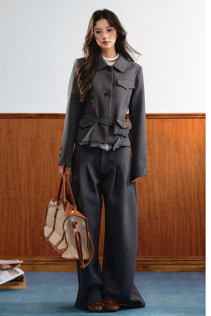 Relaxed Retro Lapel Top and Lace Waistband Pants Set-Up