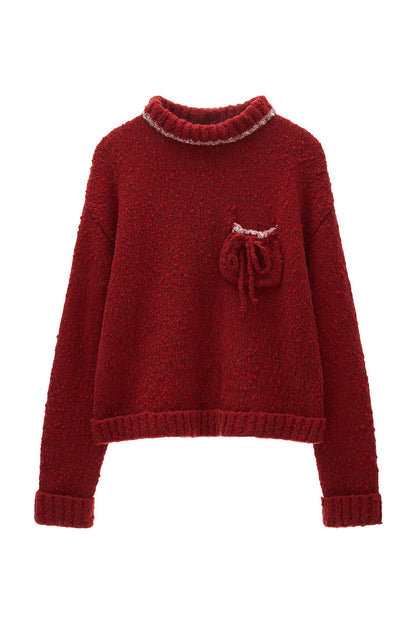 Loose Wool Yarn High Collar Pocket Sweater