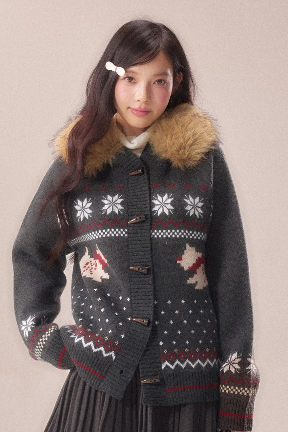 Cárdigan Fair Isle con cuello de pelo de perro