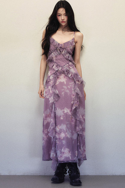 Purple Smudged Print Asymmetrical Ruffle Sleeveless Long Dress