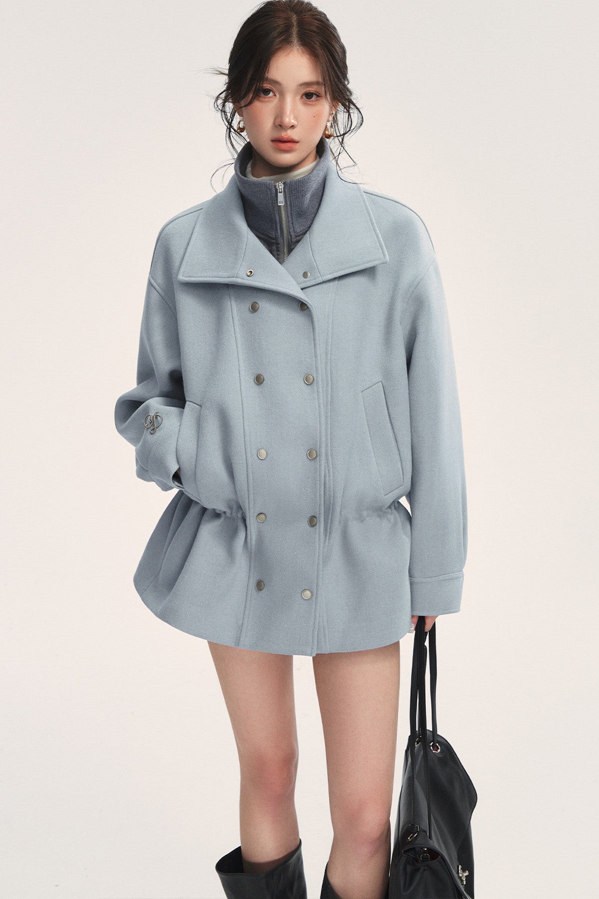Blue Oversized Dropped Shoulder Double-Breasted Woolen Jacket