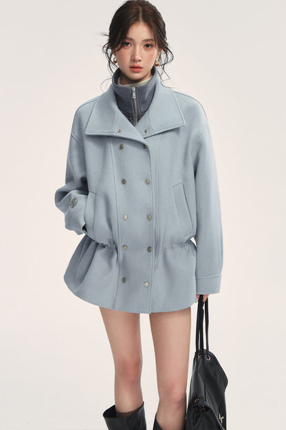 Blue Oversized Dropped Shoulder Double-Breasted Woolen Jacket