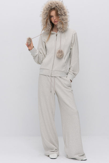 Fur Trim Hooded Sweatshirt and Sweatpants Set-Up