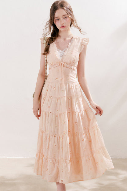 Five-Petal Flower Cutout Tiered Cotton Dress