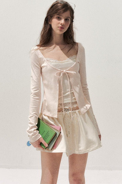 Lace Spliced Tie-Up Long Sleeve Top