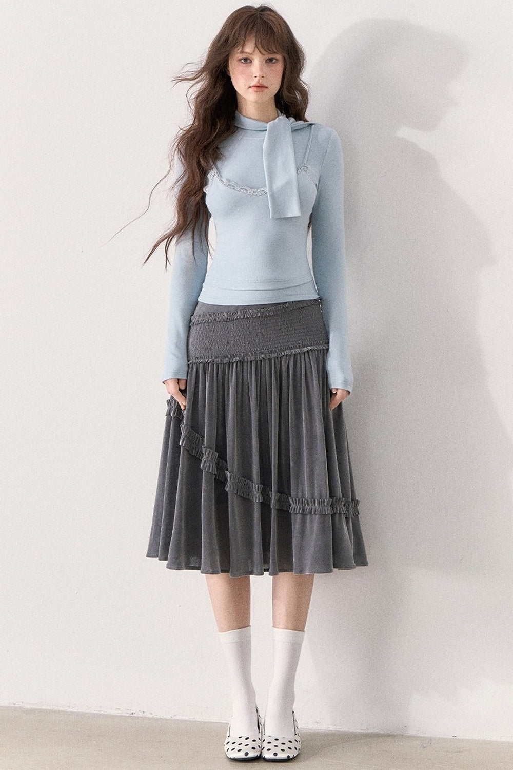 Glacier Blue Lace Strap Layered-Look Knit Top