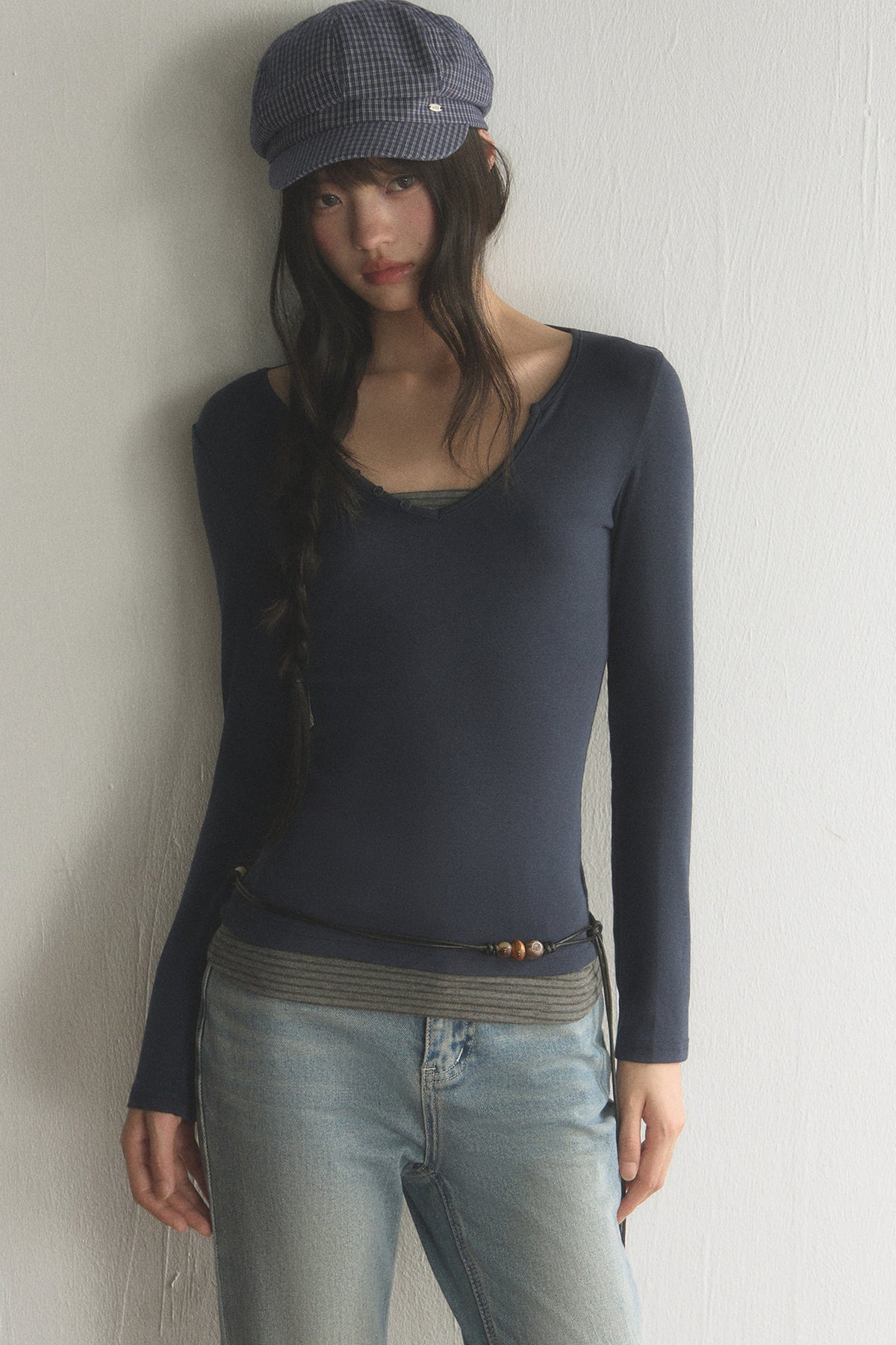 Layered-Look V-Neck Long-Sleeve T-Shirt