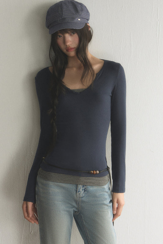 Layered-Look V-Neck Long-Sleeve T-Shirt