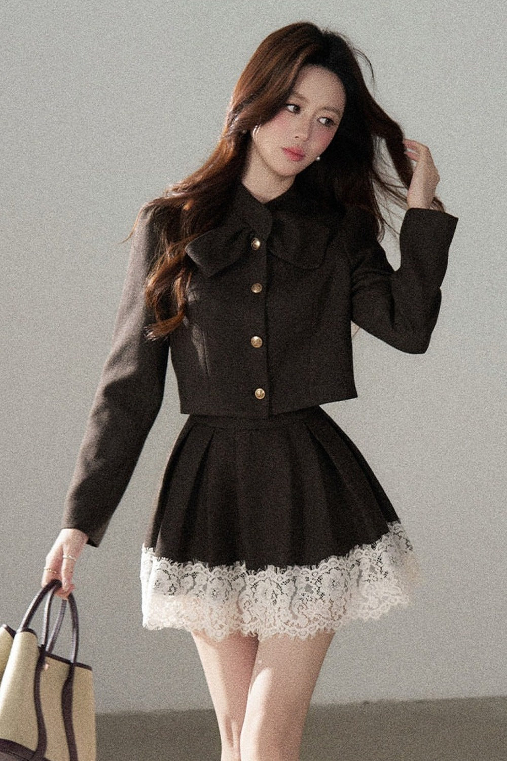 Coffee Lace Splicing Jacket and Skirt Set-Up