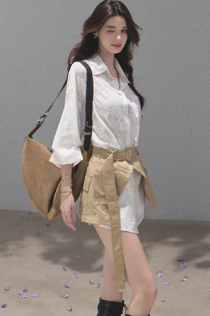 Natural Sequence Lace Shirt Set