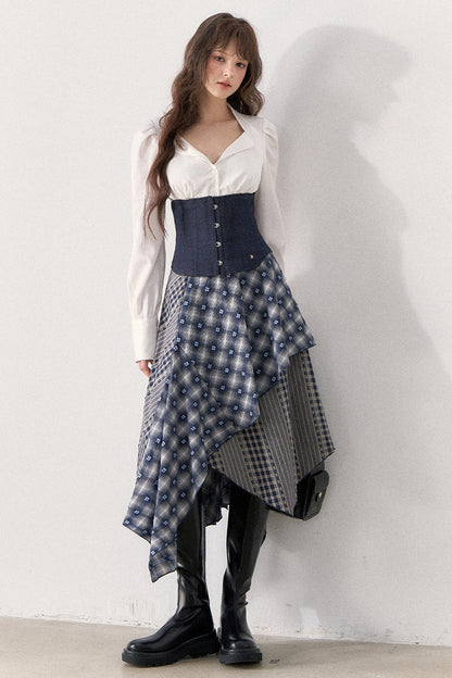 White Shirt and Denim Waistband Asymmetrical Plaid Skirt Set-Up