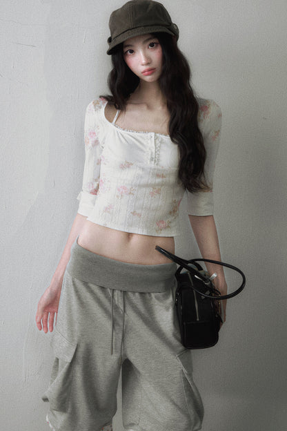 Gray Elastic Waist Cropped Pants