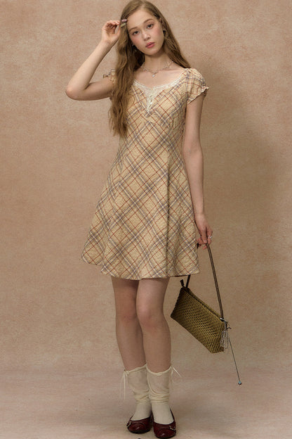 Clear Sky Plaid Lace Dress