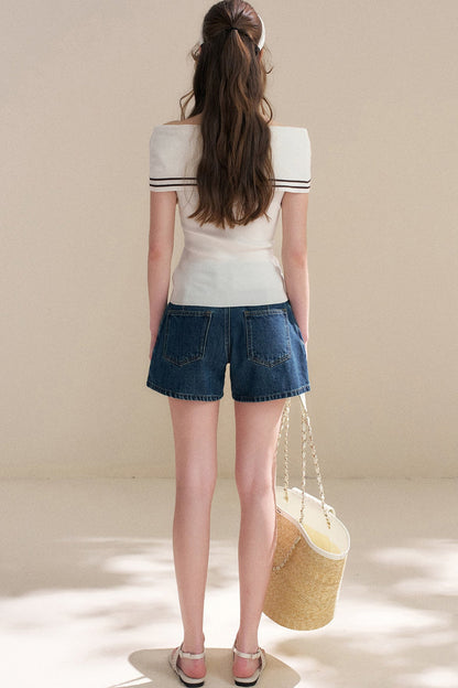 Navy Lyocell Off-Shoulder Knit Top