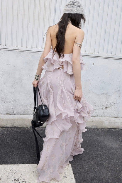 Conjunto retro de top halter con volantes en rosa melocotón