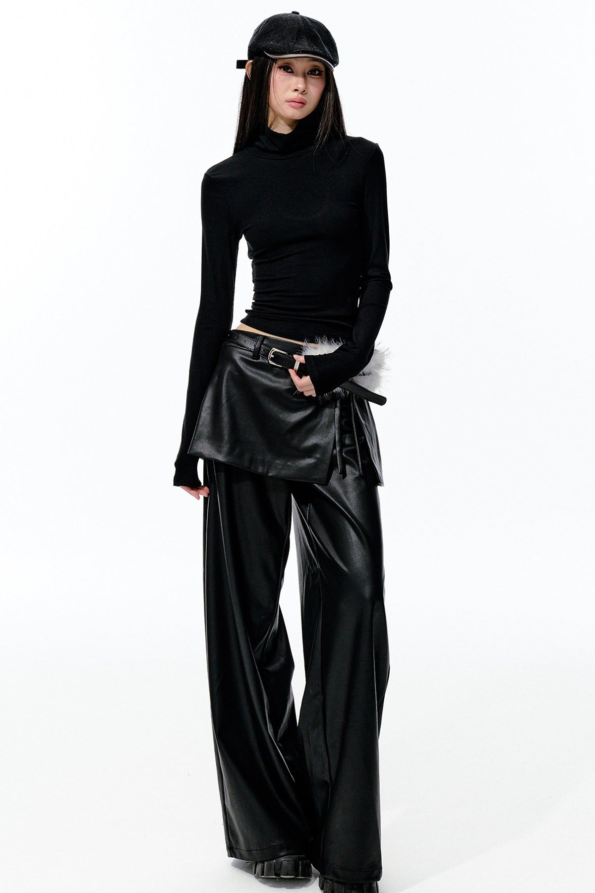 Large Hollow-Out Pearl Chain High-Neck Knit Top