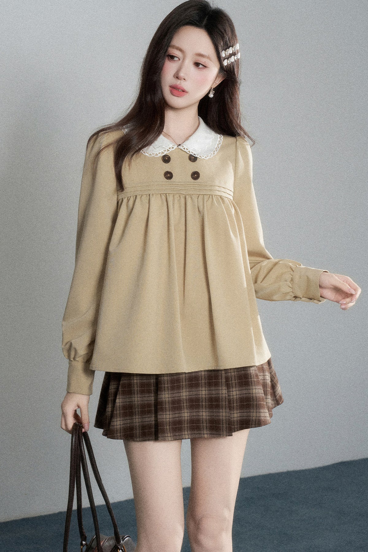 Khaki Doll Collar Pullover Shirt and Skirt Set-Up