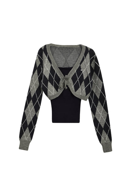 Short Argyle Cardigan and Cami and Pants Set-Up