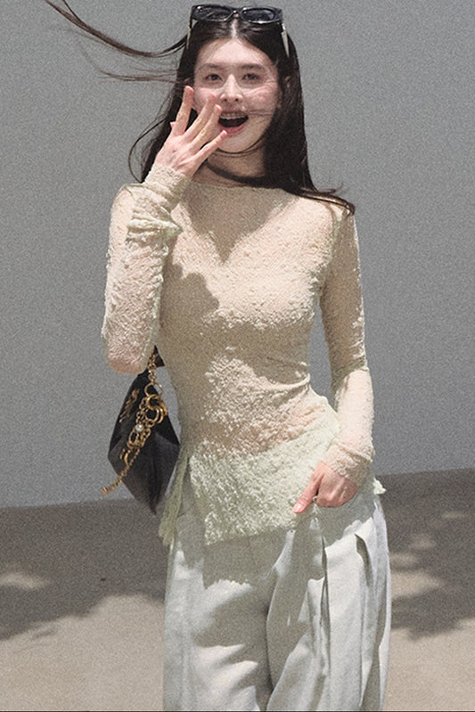 Silver Textured Knit Lace Blouse