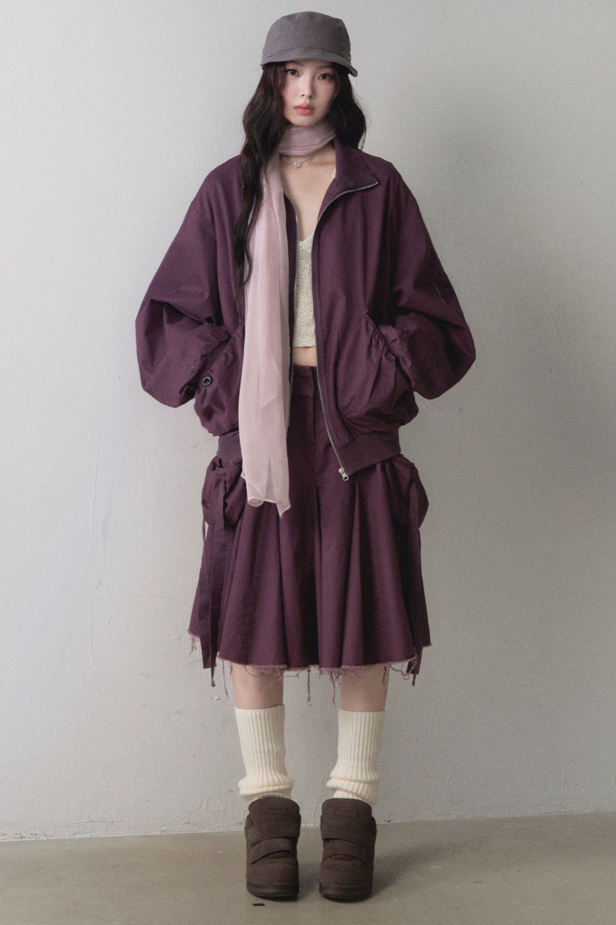 Loose Workwear Jacket and Pleated Skirt Set-Up