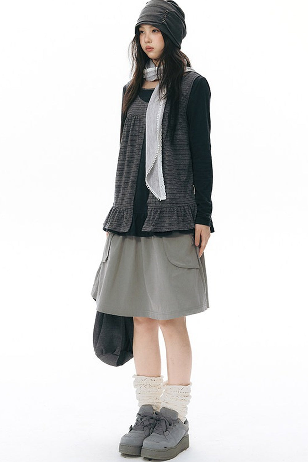 Side Seam Button Pleated Beanie Knit