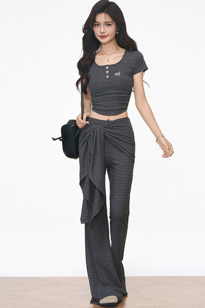 Striped Slim-Fit T-Shirt and Flared Pants Set-Up