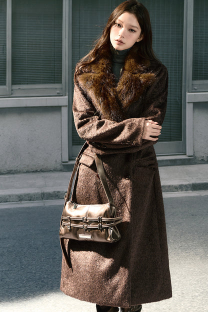 Long Woolen Fur Collar Blazer-Style Coat