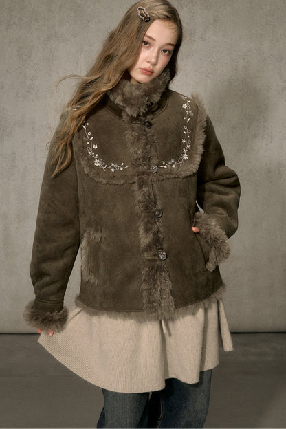 Embroidered Fur Collar Shearling Jacket