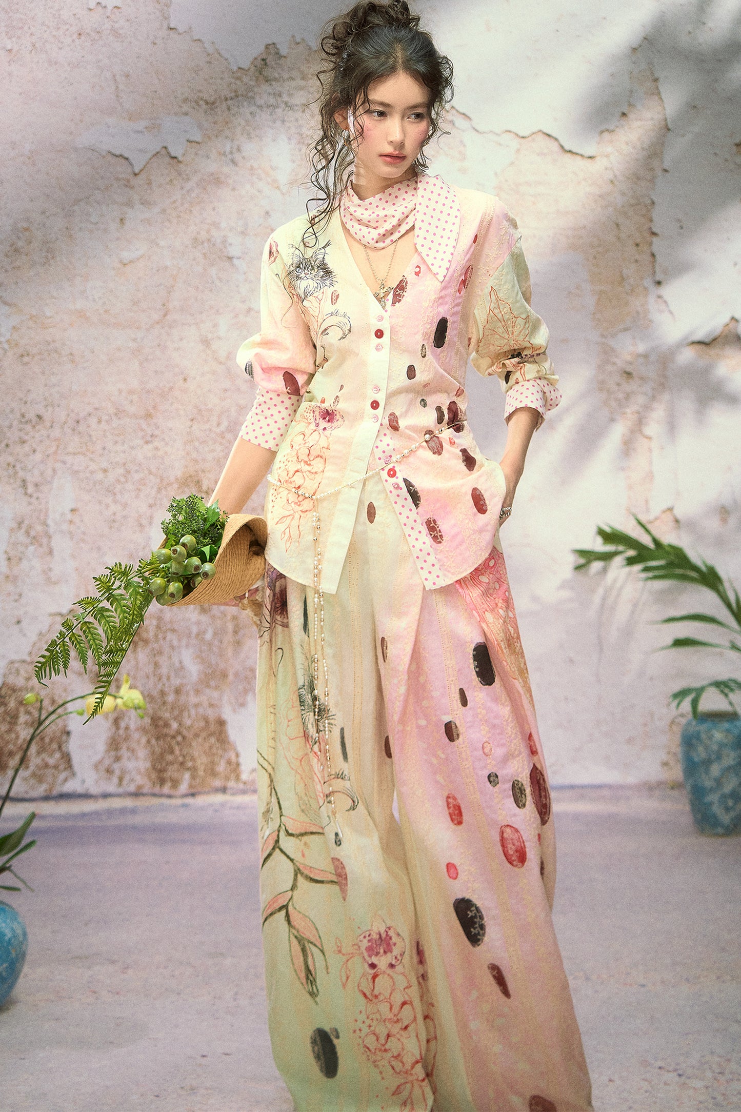 Embroidered Cat Print Wide Leg Pants
