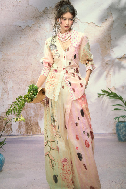 Embroidered Cat Print Wide Leg Pants