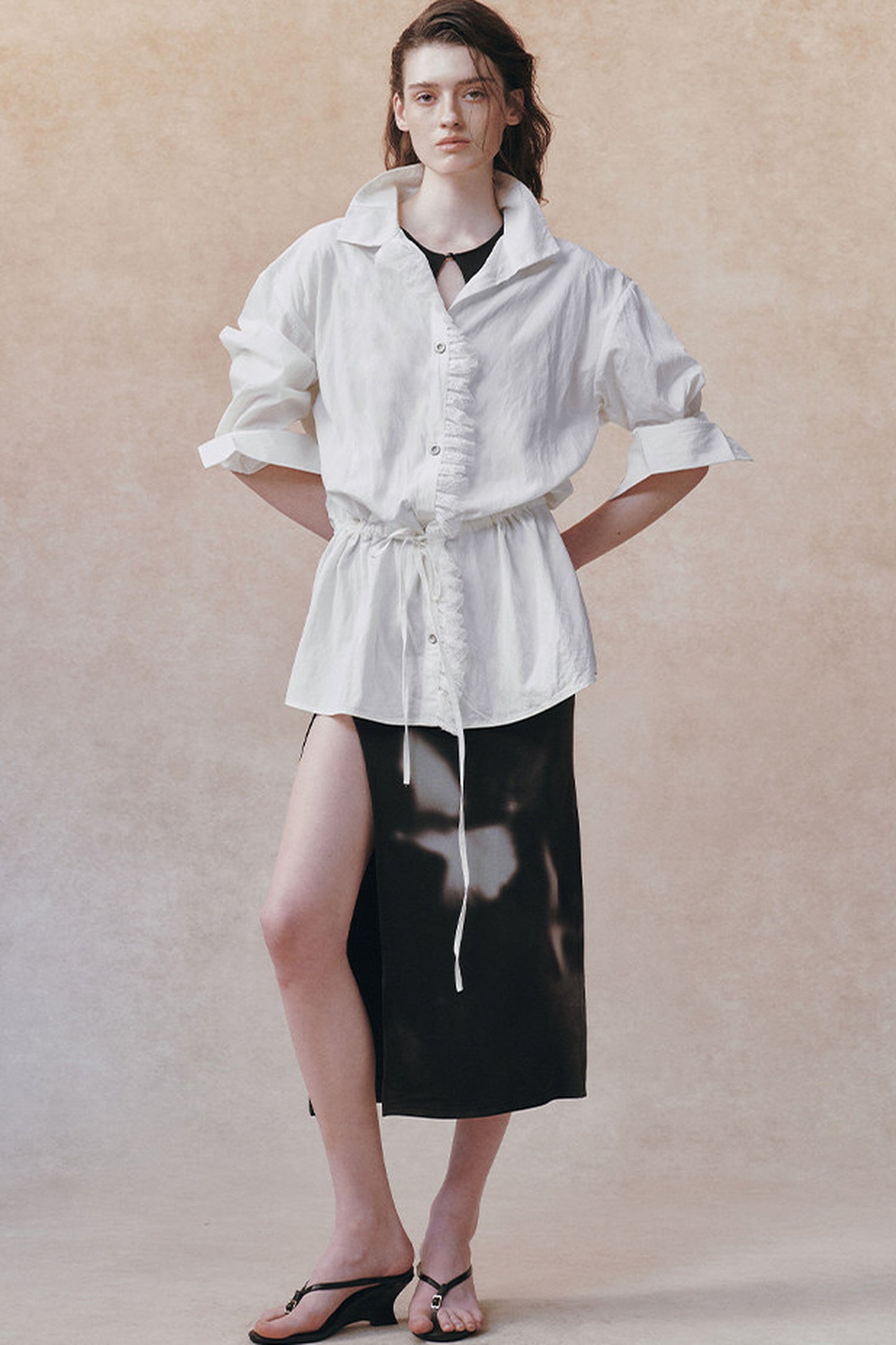 Oversized Crinkled Lace Drawstring Shirt