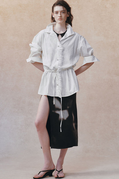 Oversized Crinkled Lace Drawstring Shirt