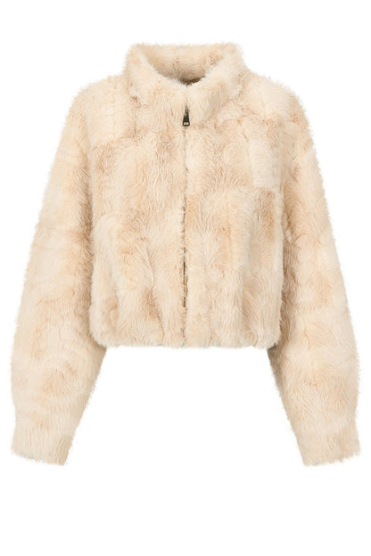Stand Collar Faux Fur Jacket