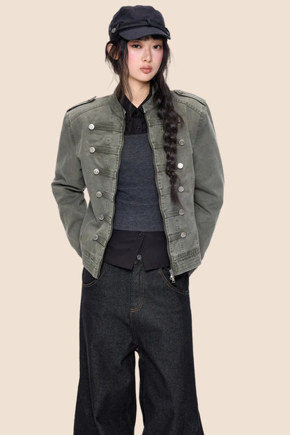 Short Double-Breasted Vintage Denim Jacket