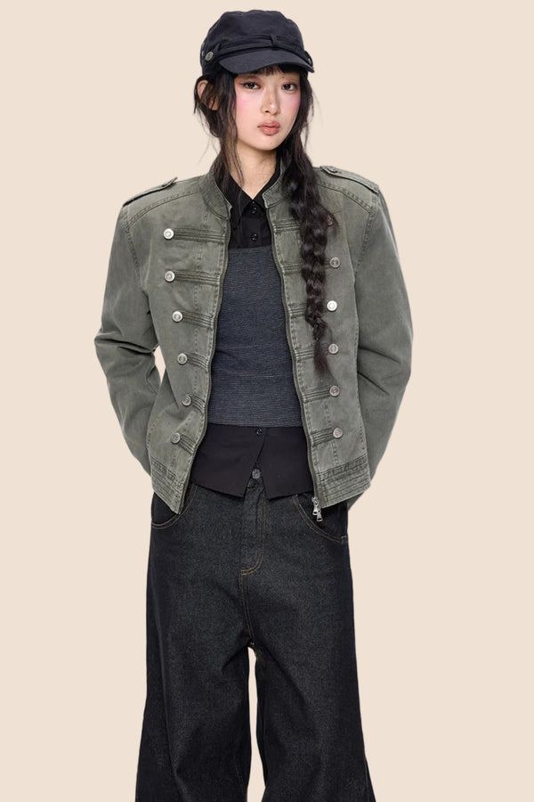 Short Double-Breasted Vintage Denim Jacket