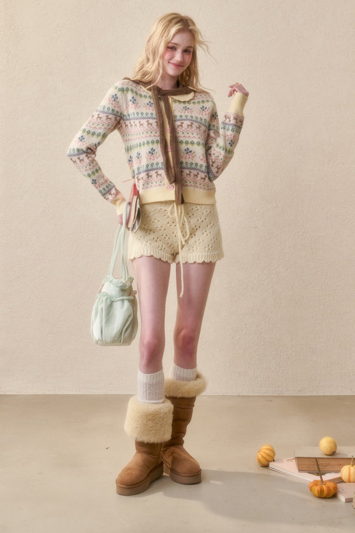 Reindeer Fair Isle Doll Collar Short Cardigan