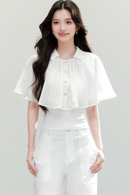 Ruffled Cape Collar Short-Sleeve Shirt