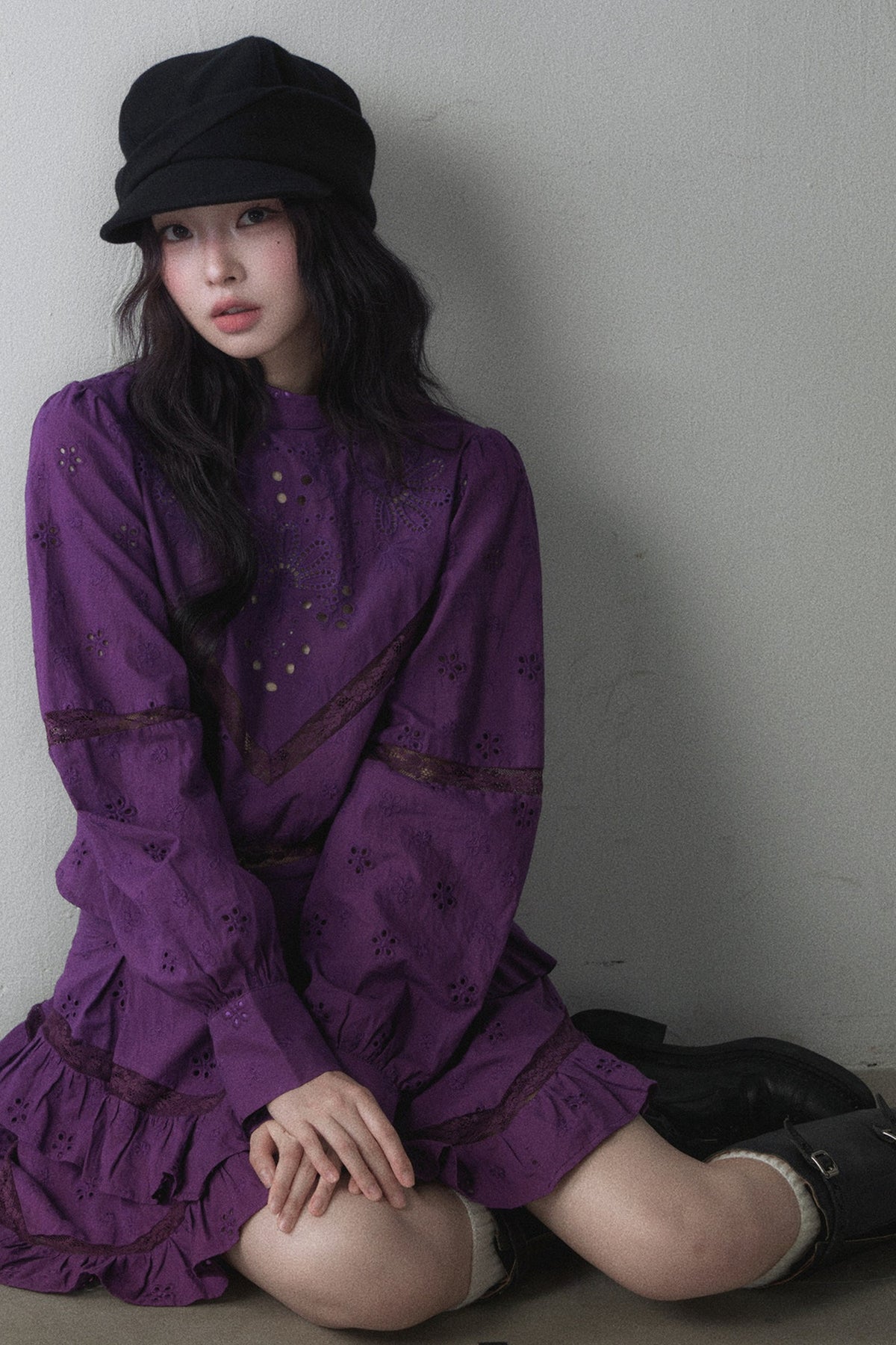 Long-Sleeved Hollow Embroidered Top and Asymmetrical Skirt Set-Up