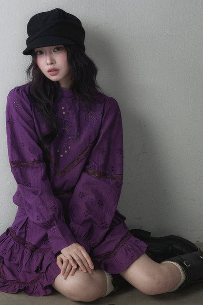 Long-Sleeved Hollow Embroidered Top and Asymmetrical Skirt Set-Up