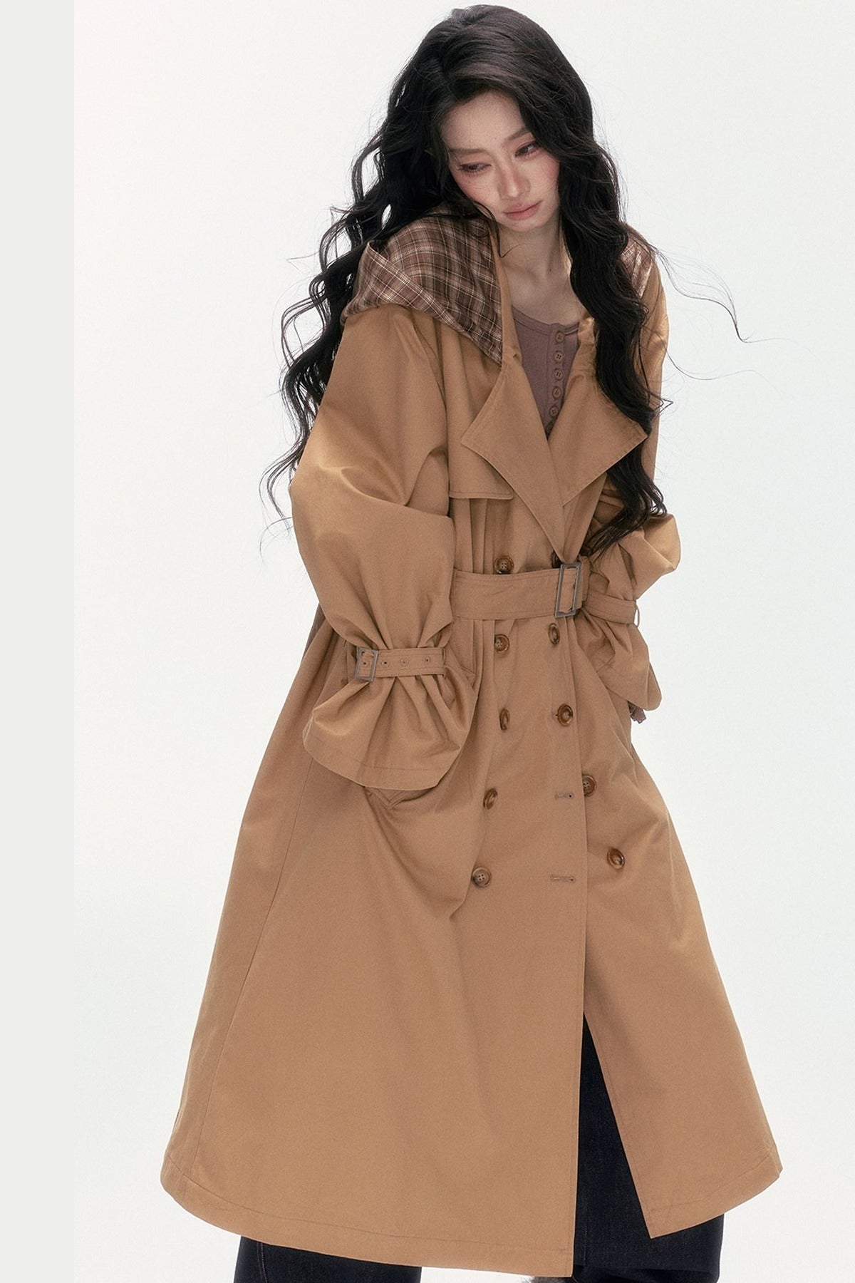Plaid Patchwork Double-Breasted Hooded Padded Trench Coat