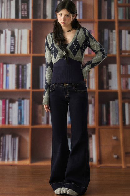 Short Argyle Cardigan and Cami and Pants Set-Up