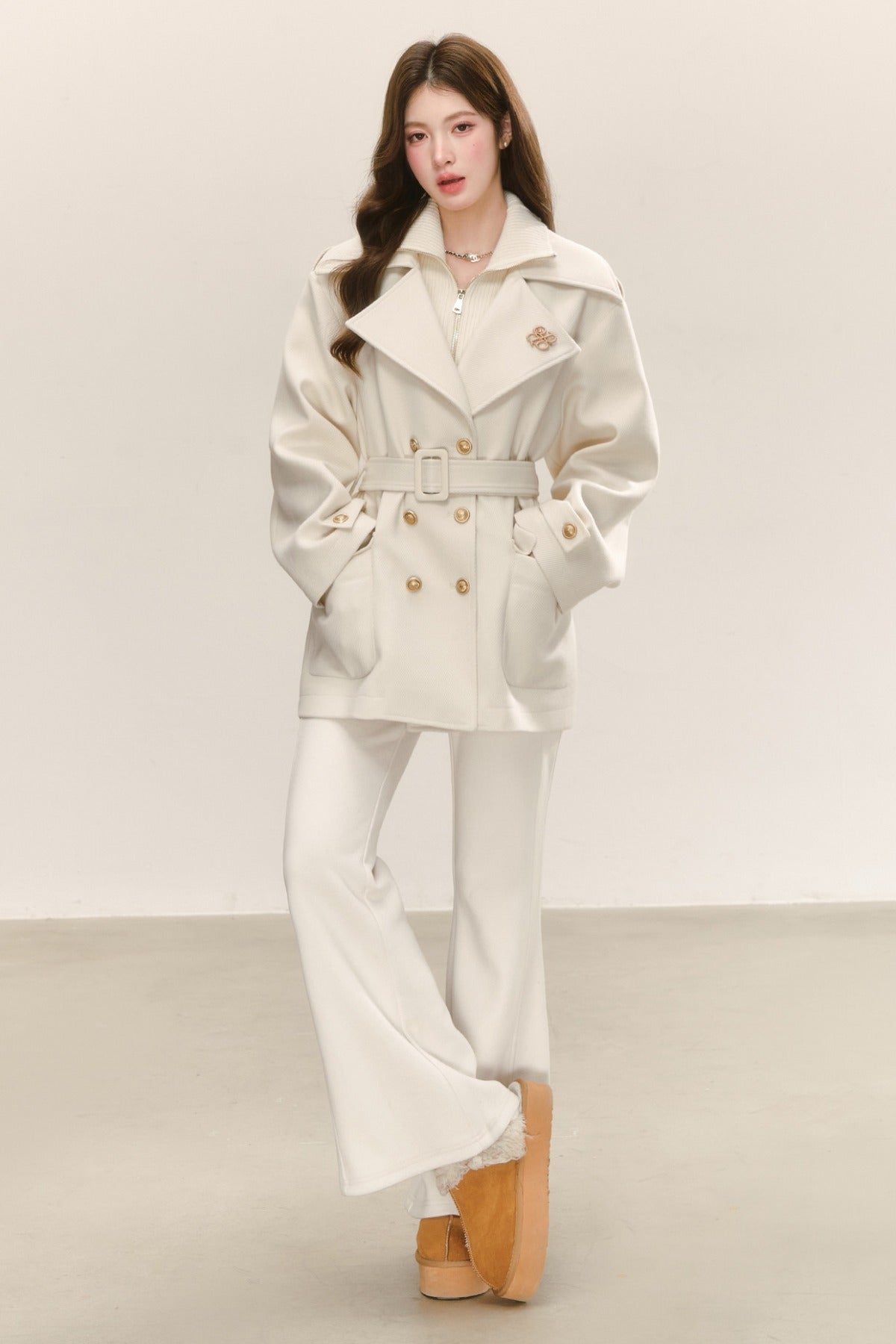 Double-Layer Lapel Tie-Waist Cotton Coat