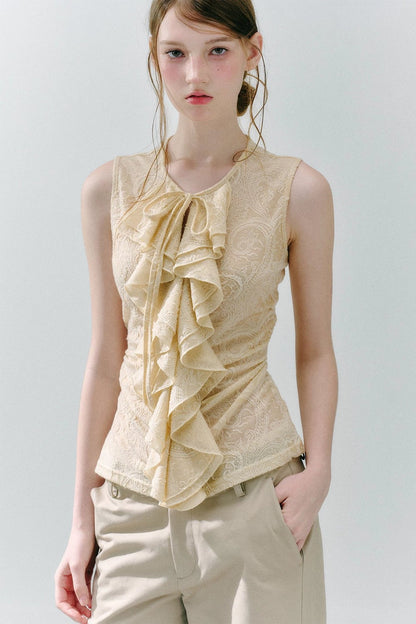 White Peach Wool Lace Ruffle Vest
