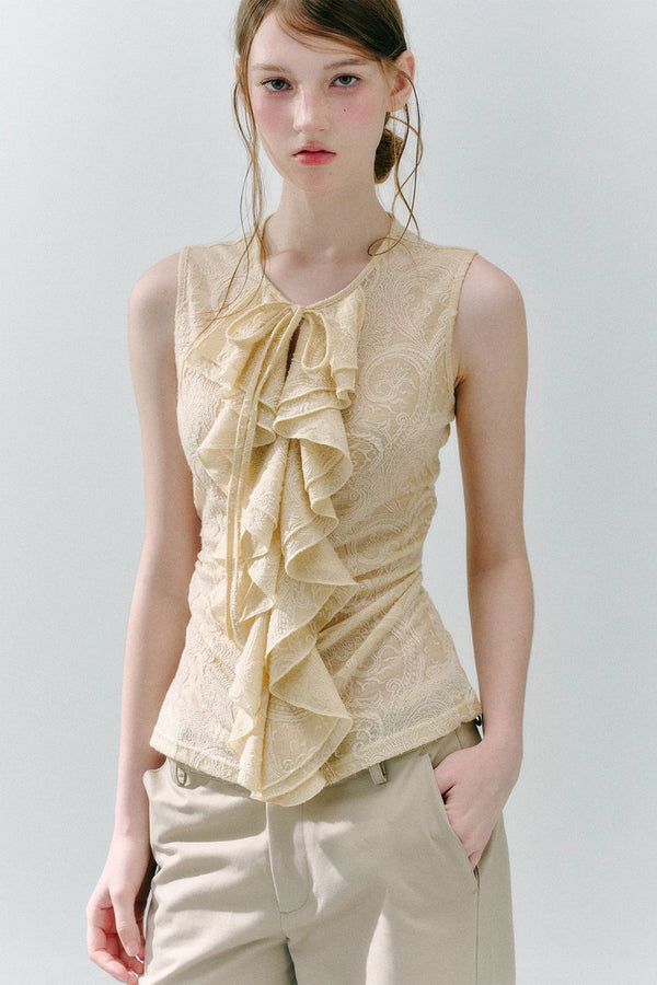 White Peach Wool Lace Ruffle Vest