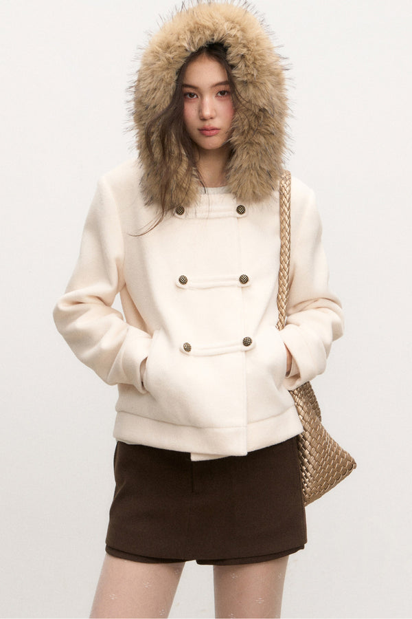 Conjunto de abrigo blanco de lana con cuello de pelo y falda