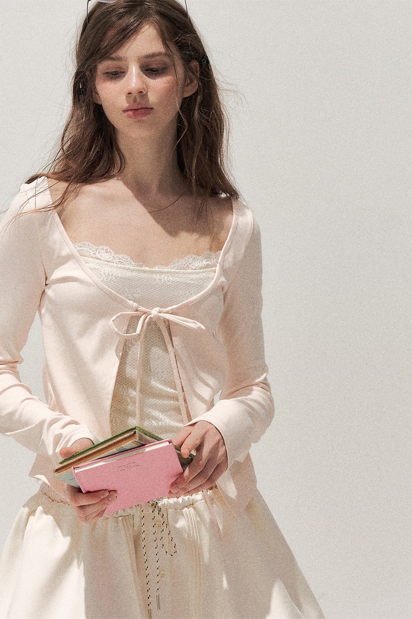 Lace Spliced Tie-Up Long Sleeve Top